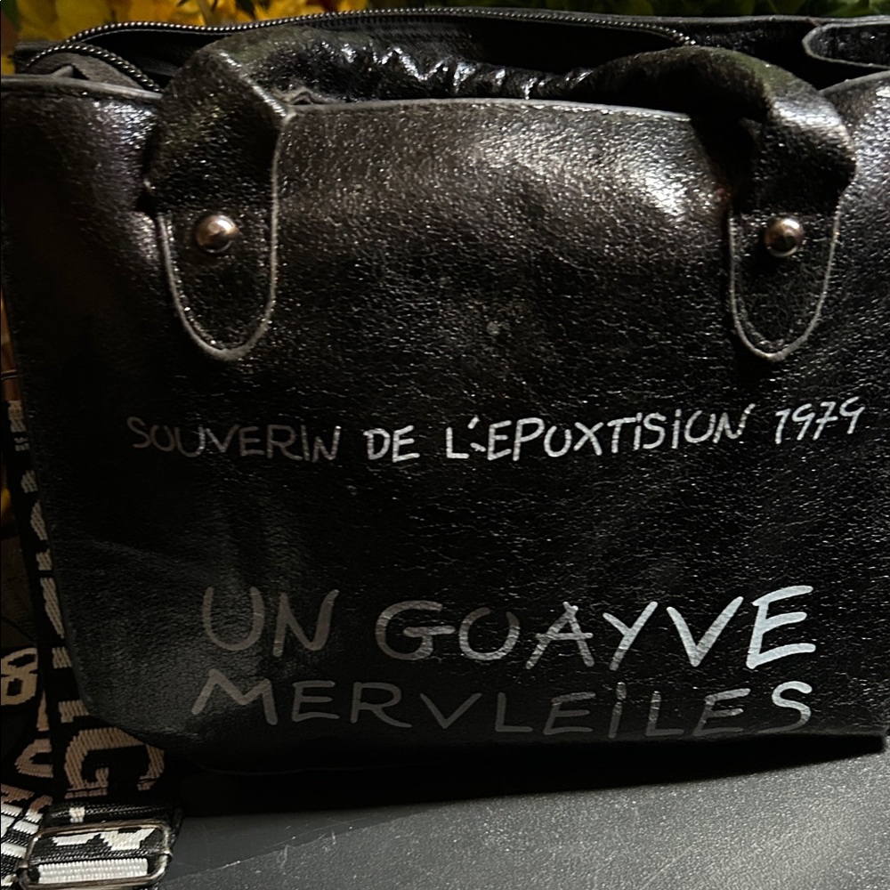 Black Vinyl Tote Bag with White Script - Picture 3 of 3